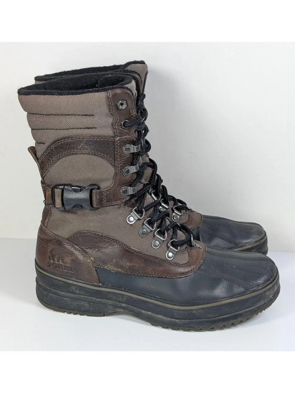 Sorel Waterproof Sheep Fur Lined Brown Leather Winter Boots Mens Size 9 Buckle